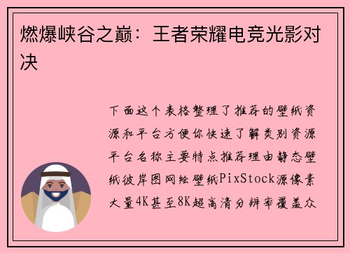燃爆峡谷之巅：王者荣耀电竞光影对决